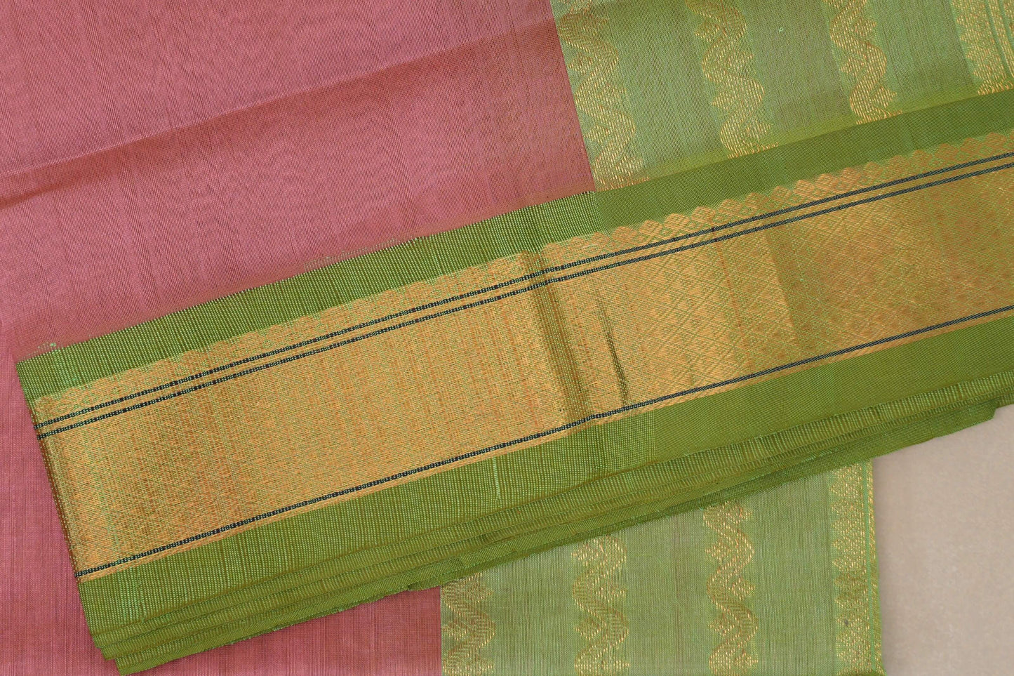 Sea Pink with Light Leaf Green Borders Vintage Silk Cotton Saree SS9128