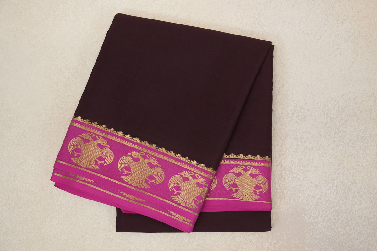 Dark Coffee Brown with Magenta Borders Mysore Silk Saree