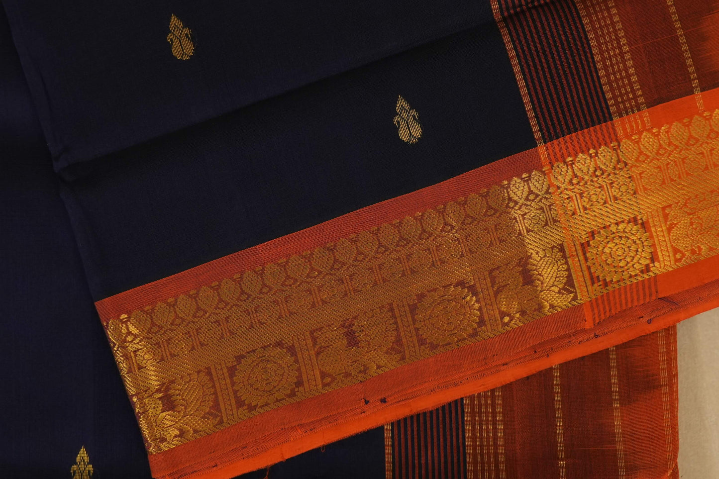 Deep Blue with orange Nine and a half Yards Silk Cotton Saree borders