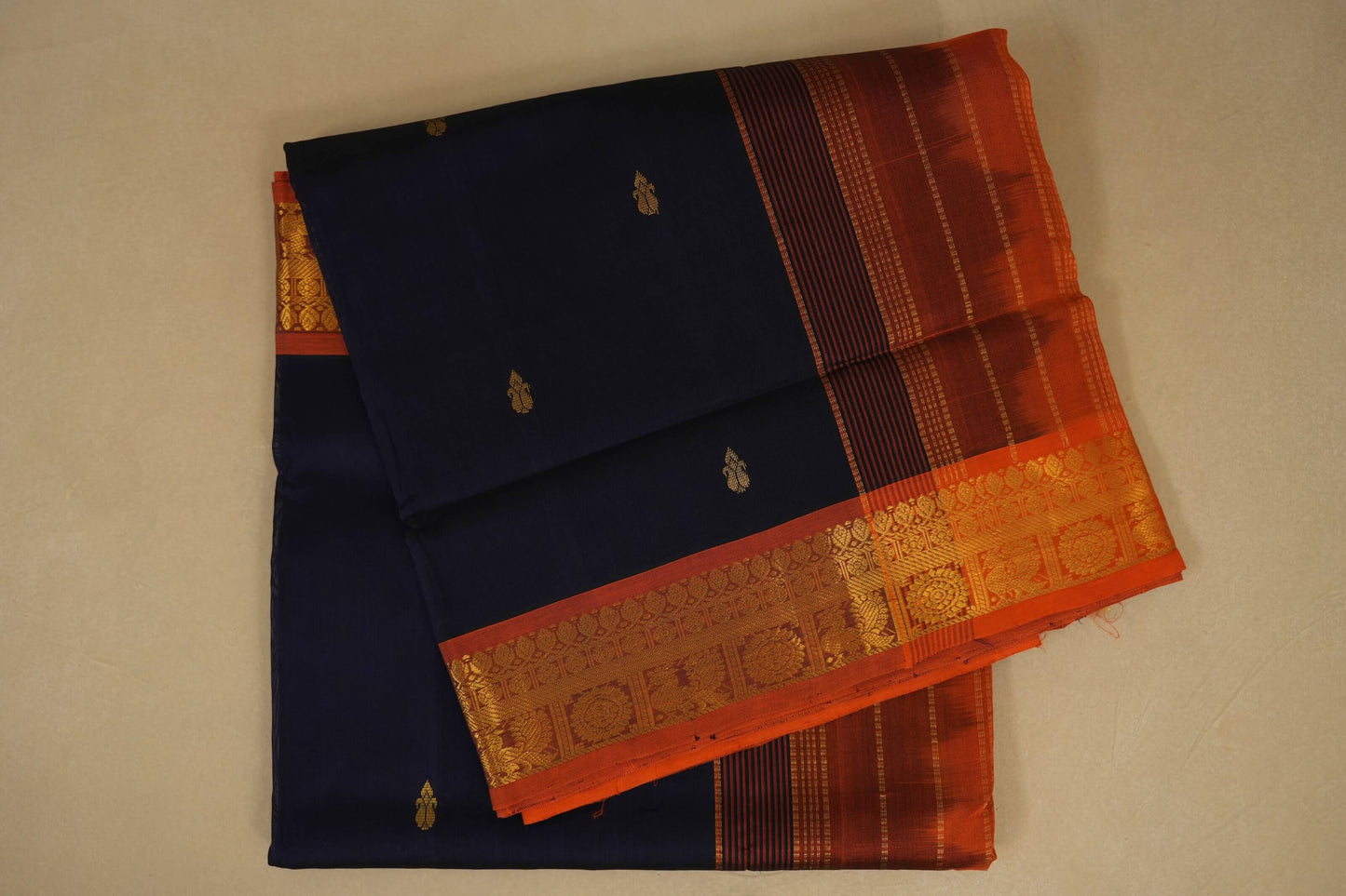 Deep Blue with orange Nine and a half Yards Silk Cotton Saree 