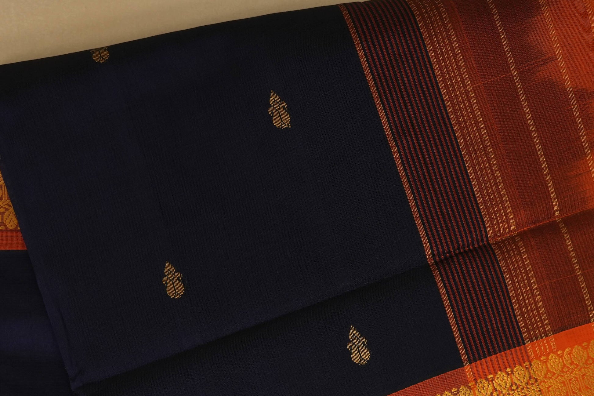 Deep Blue with orange Nine and a half Yards Silk Cotton Saree  body