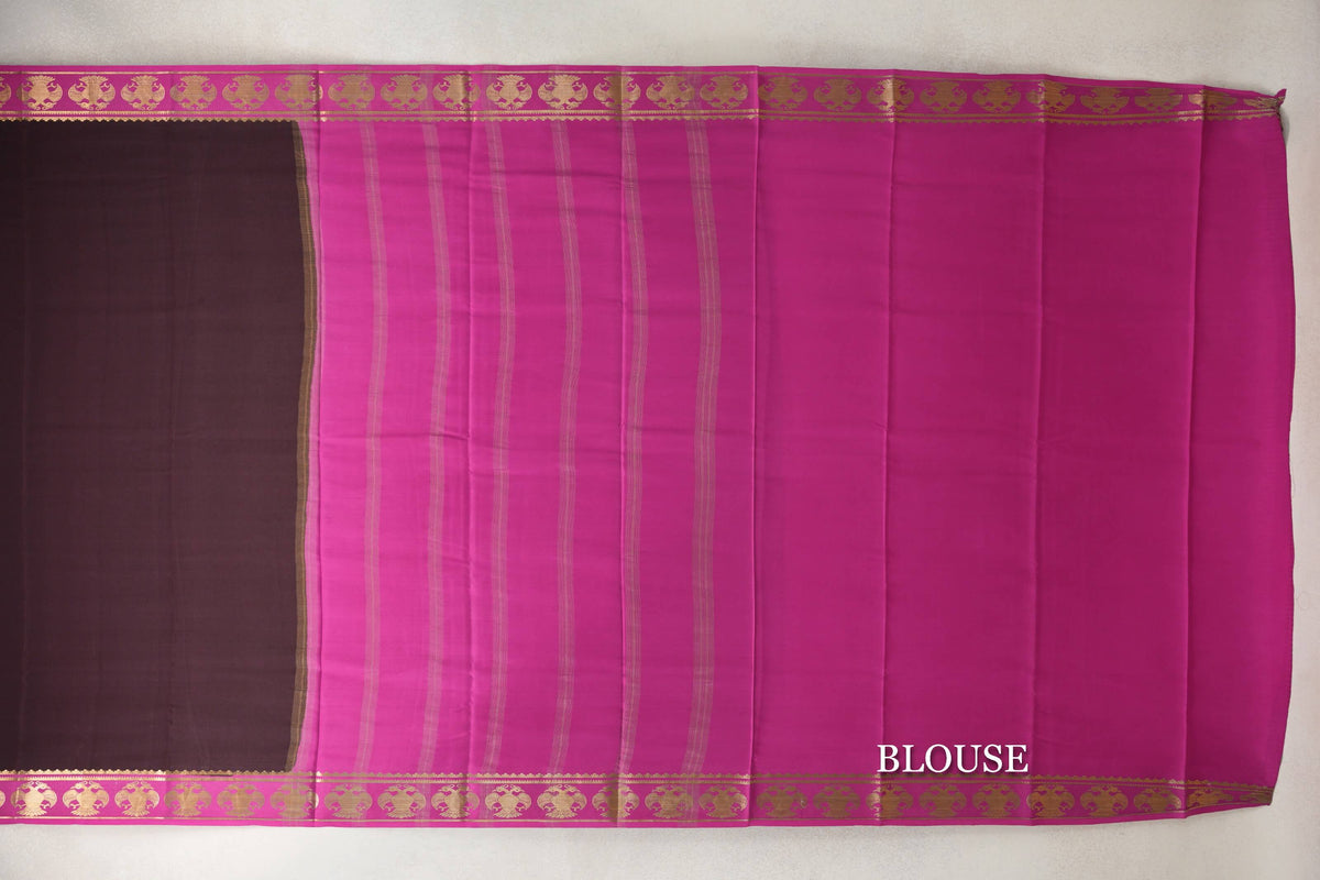 Dark Coffee Brown with Magenta Borders Mysore Silk Saree blouse