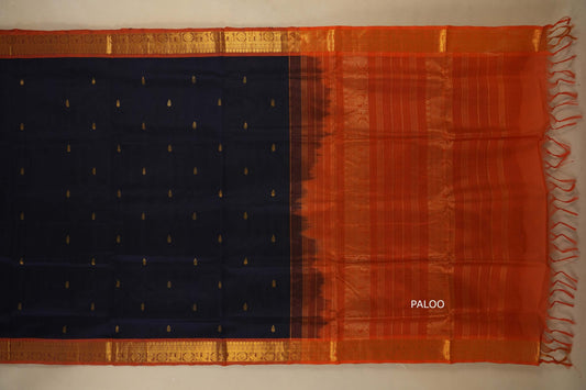 Deep Blue with orange Nine and a half Yards Silk Cotton Saree  paloo