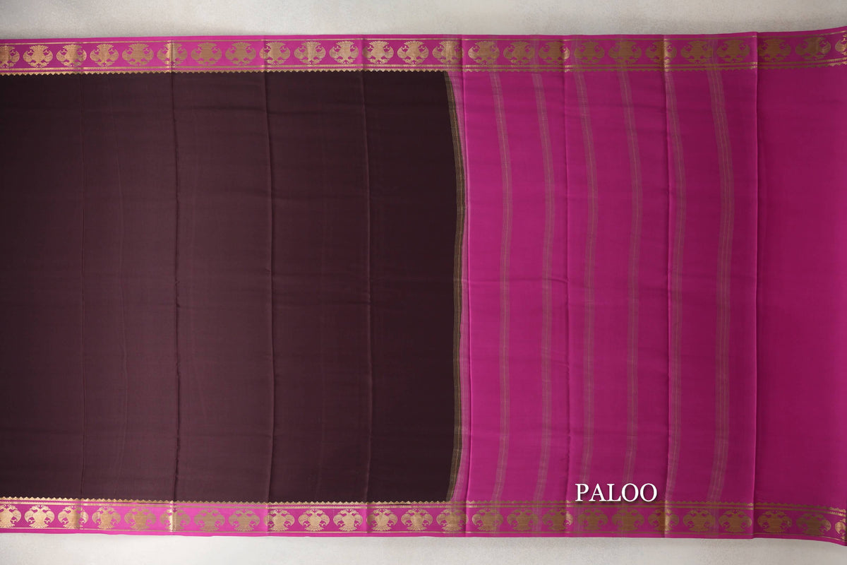 Dark Coffee Brown with Magenta Borders Mysore Silk Saree paloo