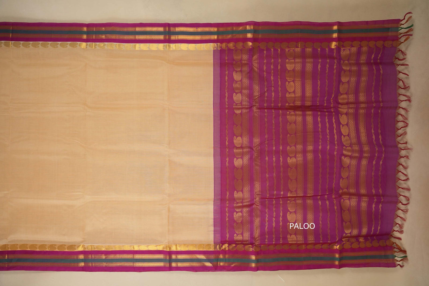 Beige with pink Nine and a half Yards Silk Cotton Saree paloo