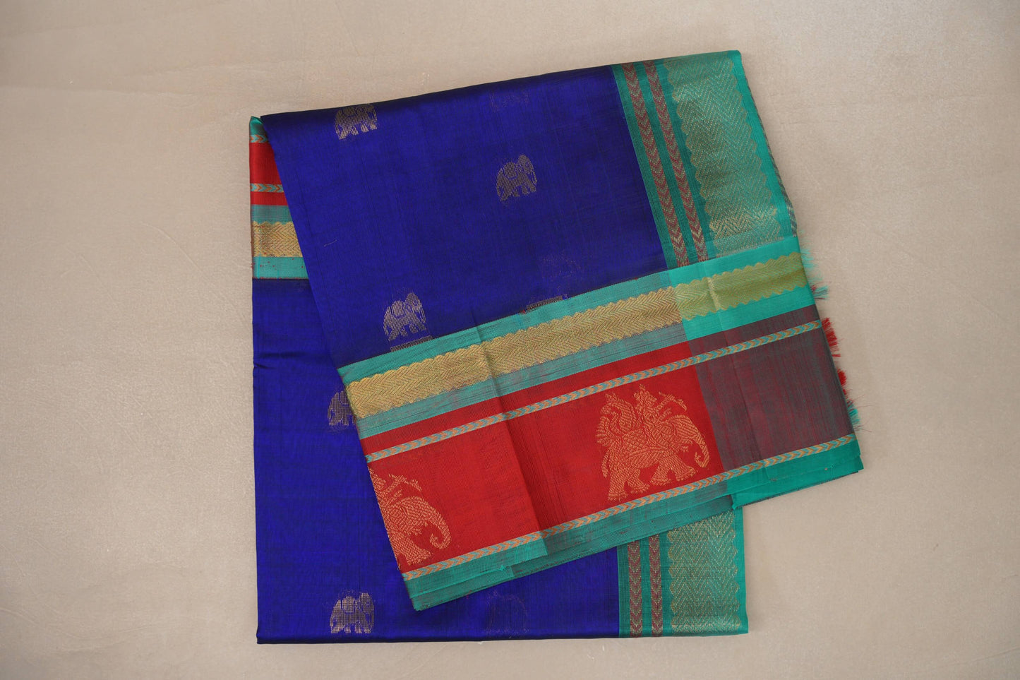 Royal Blue with Rama Green and Bright Red Borders Vintage Silk Cotton Saree SS9130