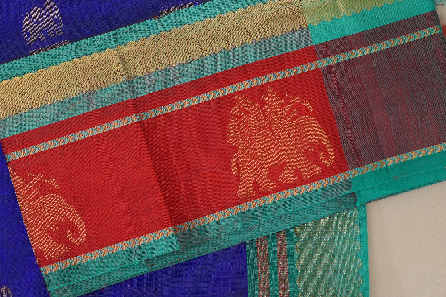 Royal Blue with Rama Green and Bright Red Borders Vintage Silk Cotton Saree SS9130
