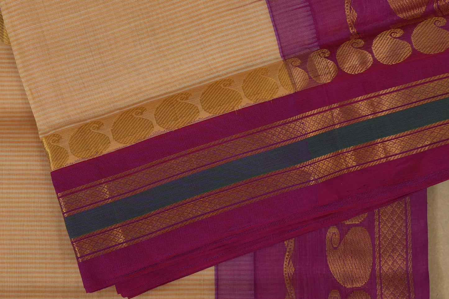 Beige with pink Nine and a half Yards Silk Cotton Saree borders