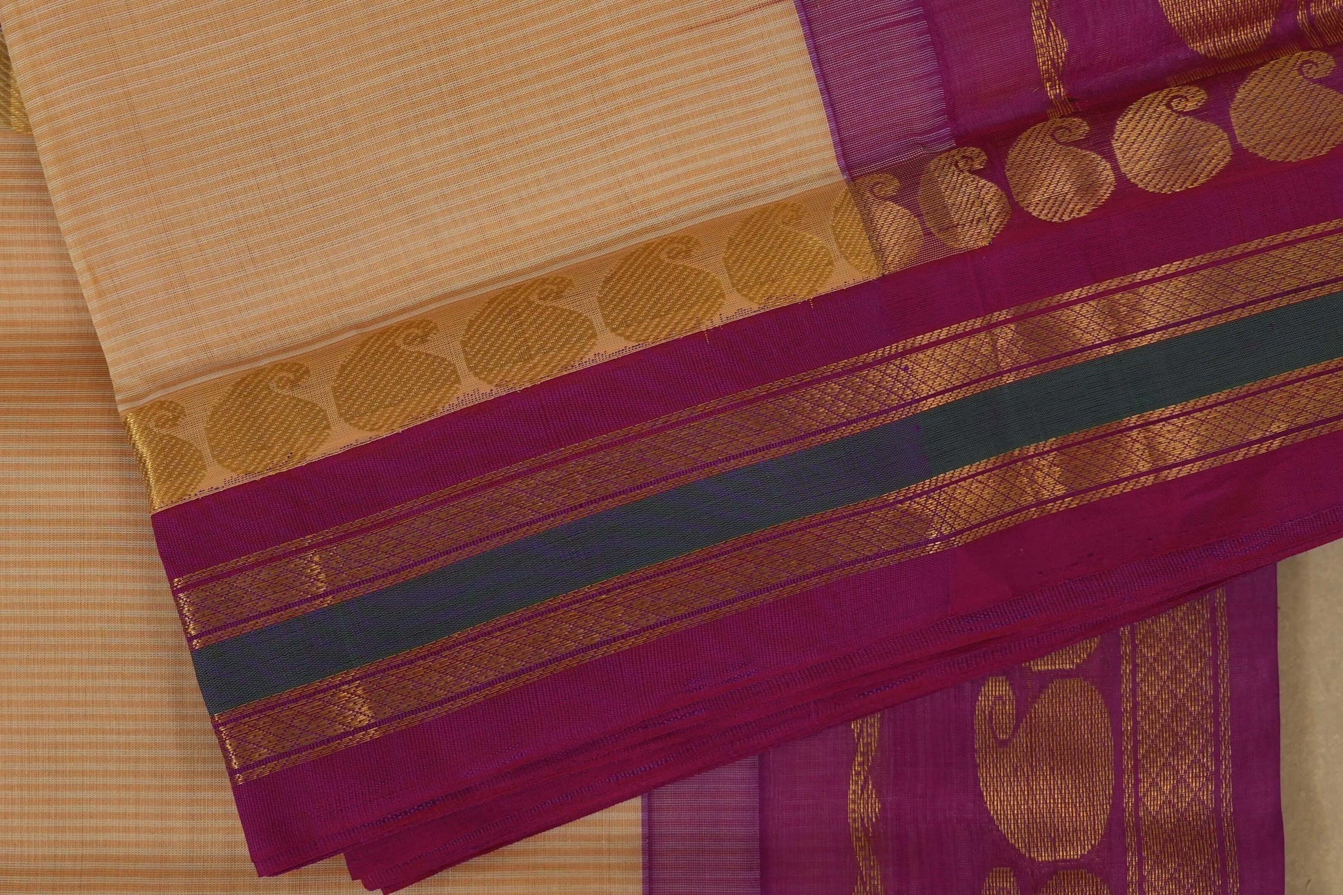 Beige with pink Nine and a half Yards Silk Cotton Saree borders