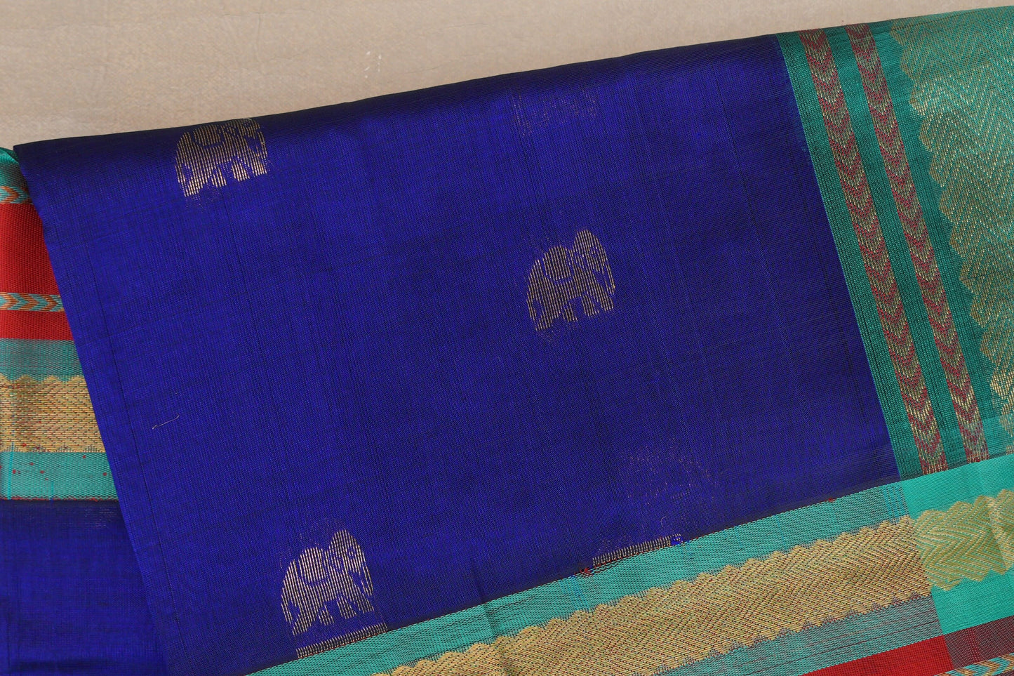 Royal Blue with Rama Green and Bright Red Borders Vintage Silk Cotton Saree SS9130