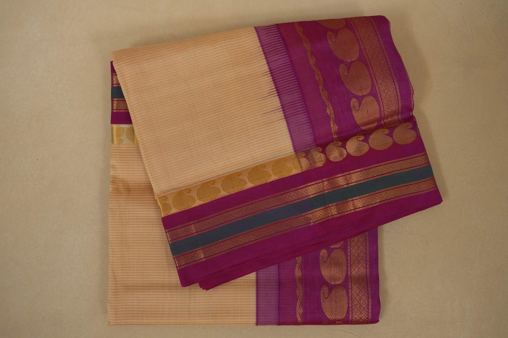 Beige with pink Nine and a half Yards Silk Cotton Saree