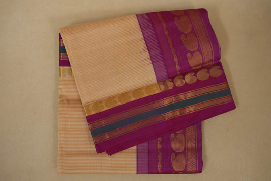 Beige with pink Nine and a half Yards Silk Cotton Saree