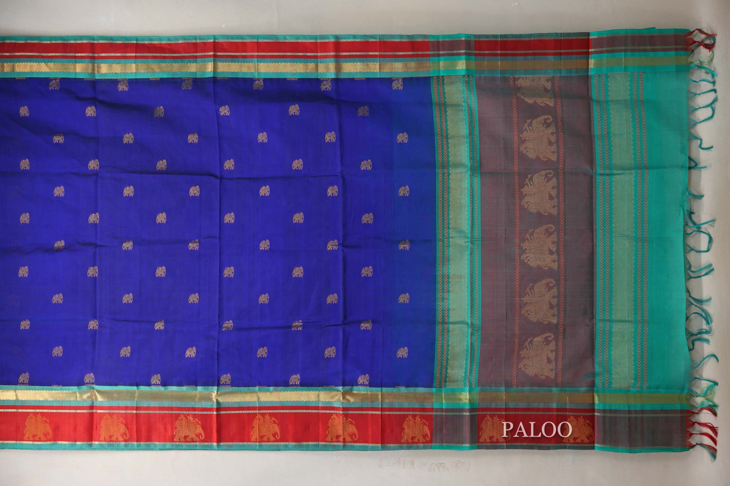 Royal Blue with Rama Green and Bright Red Borders Vintage Silk Cotton Saree SS9130