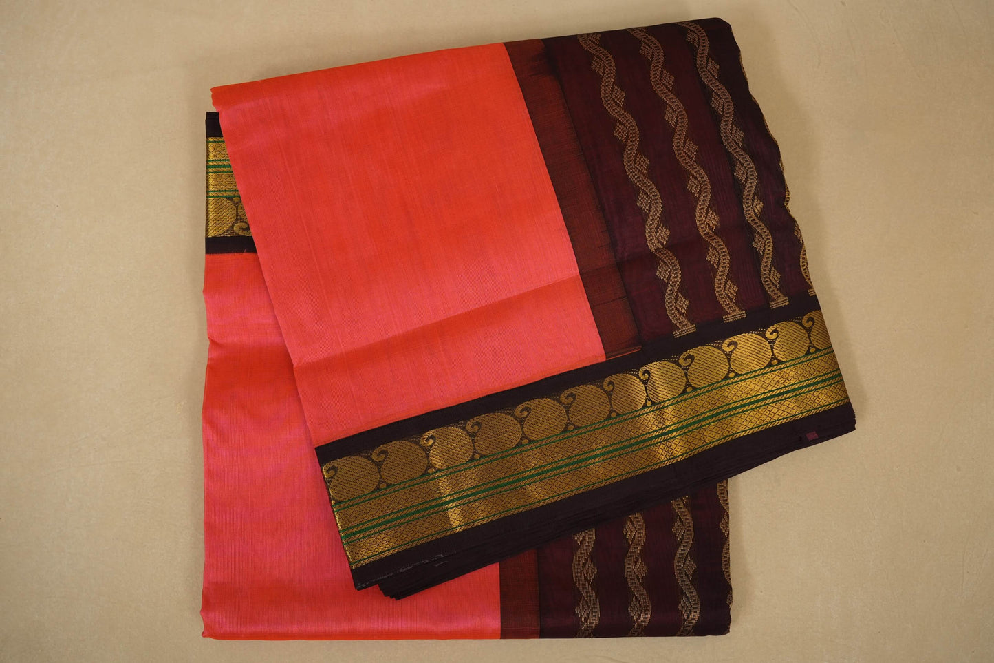 Dark Peach pink Nine and a half Yards Silk Cotton Saree