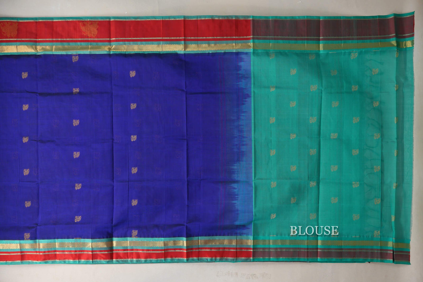 Royal Blue with Rama Green and Bright Red Borders Vintage Silk Cotton Saree SS9130