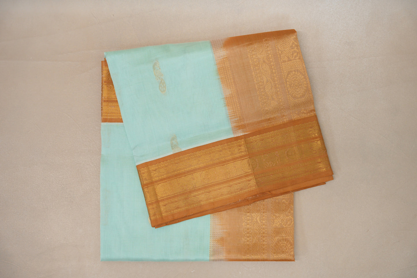 Pastel Sea Green with Copper Gold Borders Vintage Silk Cotton Saree SS9131