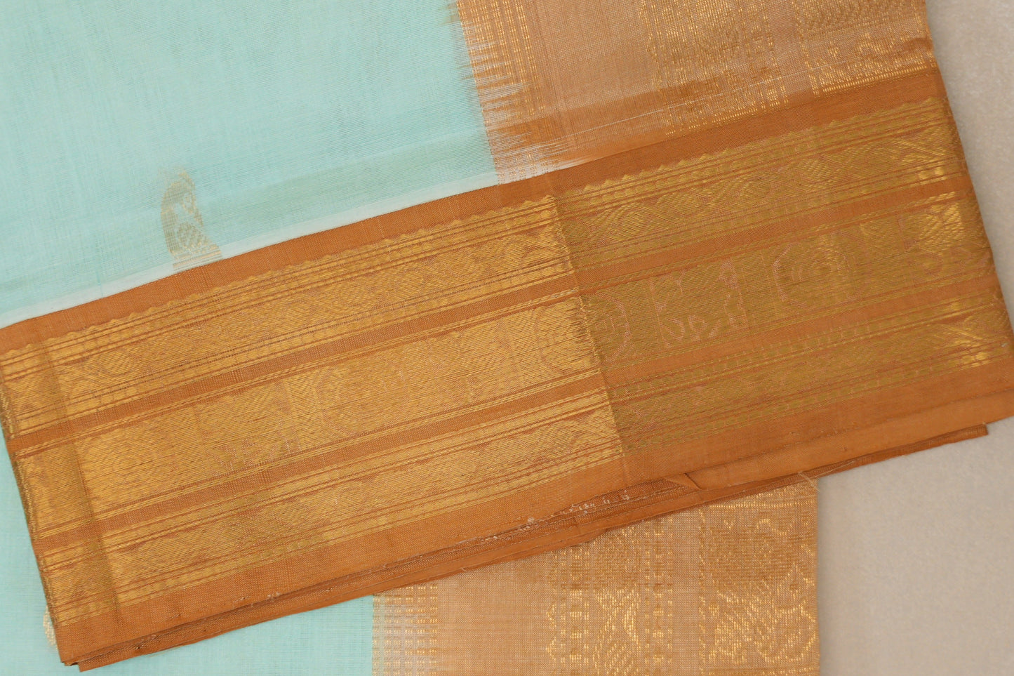 Pastel Sea Green with Copper Gold Borders Vintage Silk Cotton Saree SS9131