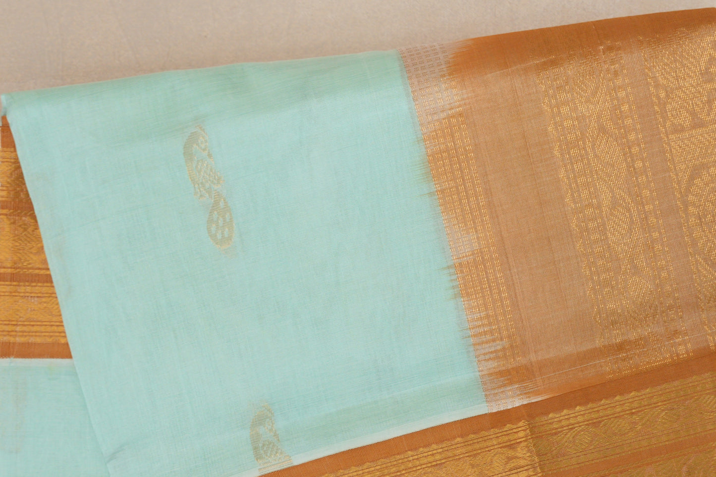 Pastel Sea Green with Copper Gold Borders Vintage Silk Cotton Saree SS9131