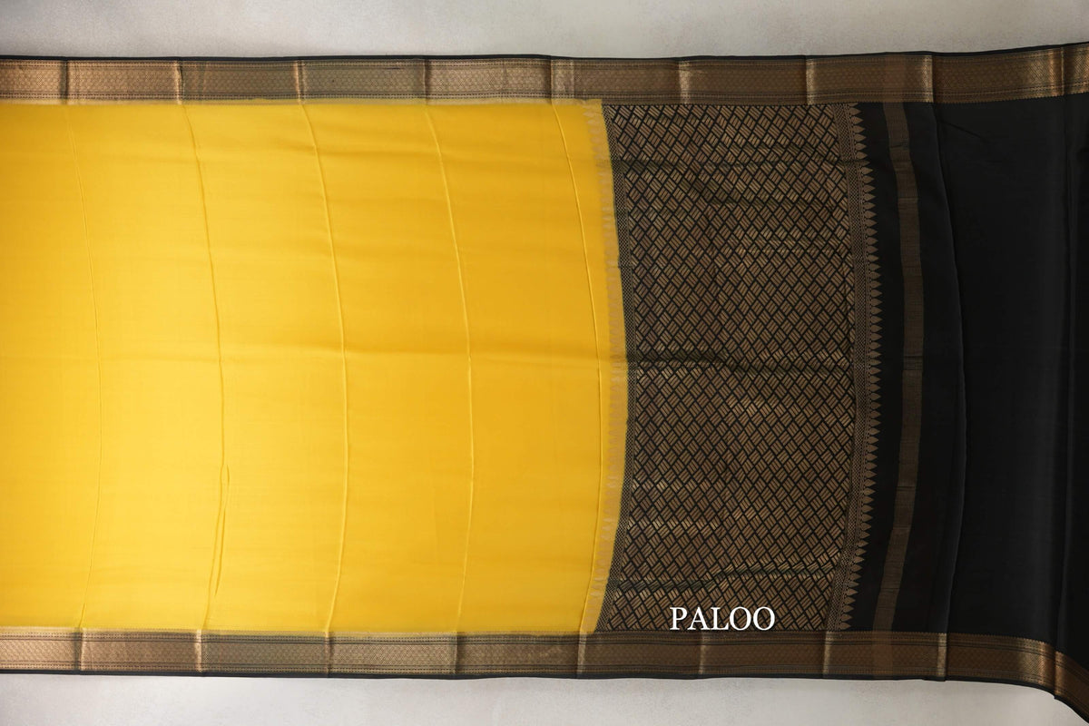 Bright Yellow with Black Borders Mysore Silk Saree paloo