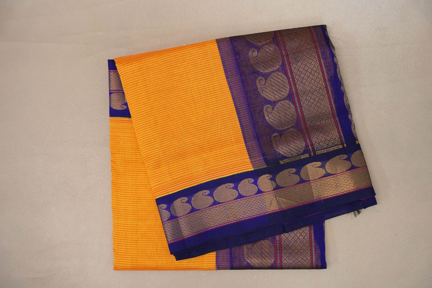 Yellow with Red Stripes with Deep Blue Borders Vintage Silk Cotton Saree SS9132