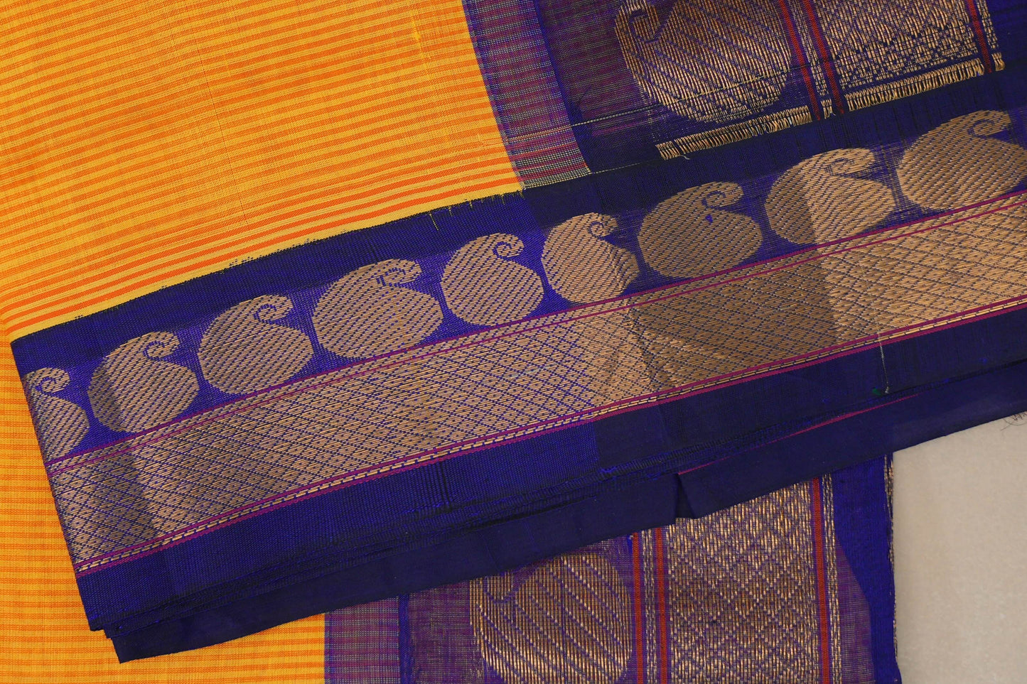 Yellow with Red Stripes with Deep Blue Borders Vintage Silk Cotton Saree SS9132