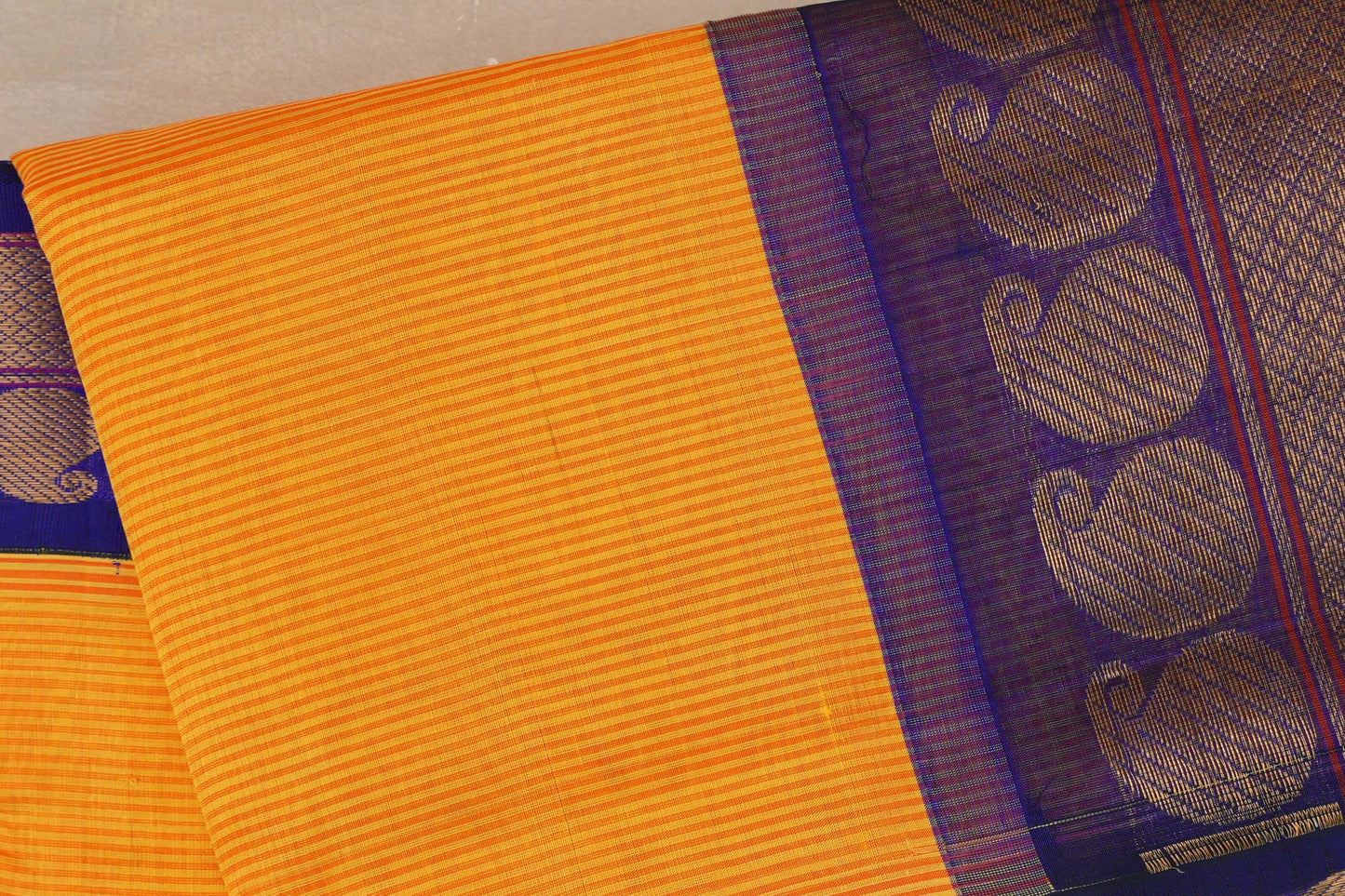 Yellow with Red Stripes with Deep Blue Borders Vintage Silk Cotton Saree SS9132