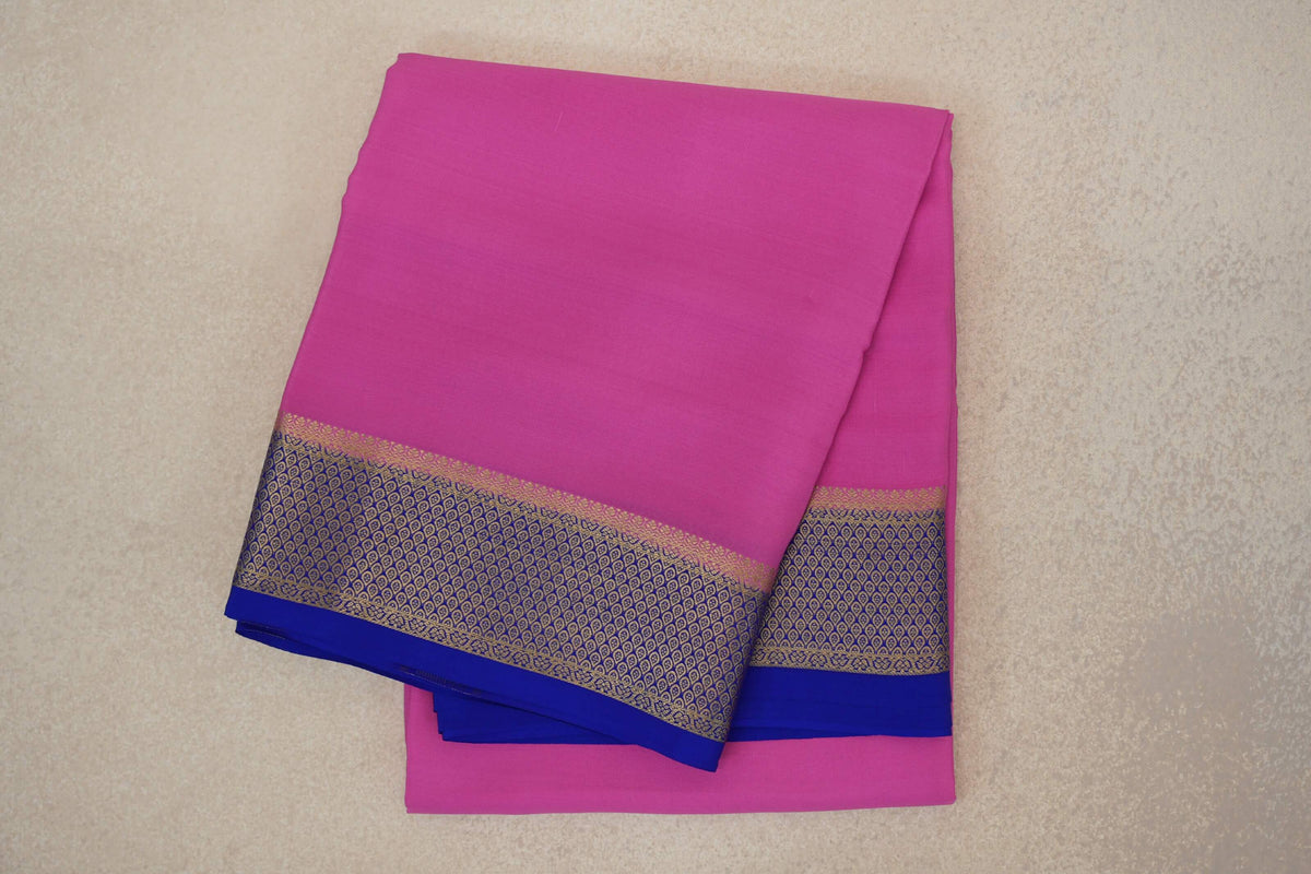Bright Rose Pink with Blue Borders Mysore Silk Saree