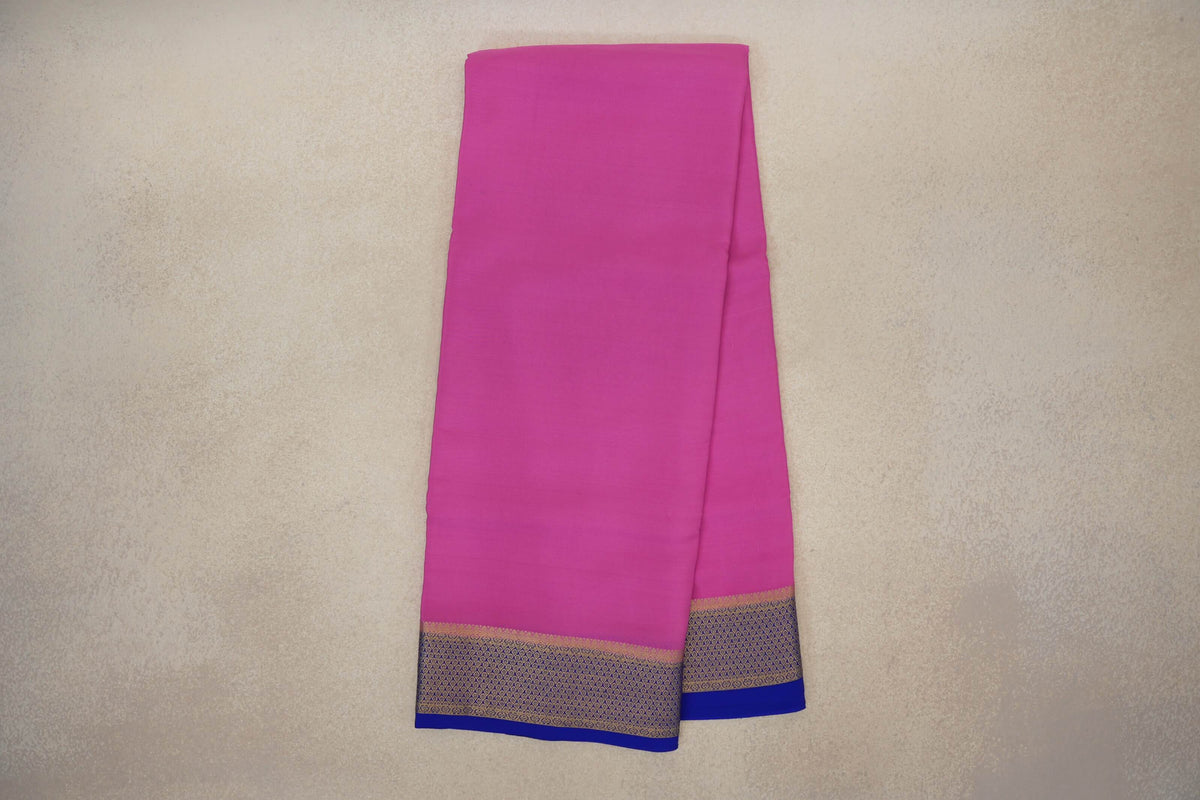 Online Bright Rose Pink with Blue Borders Mysore Silk Saree