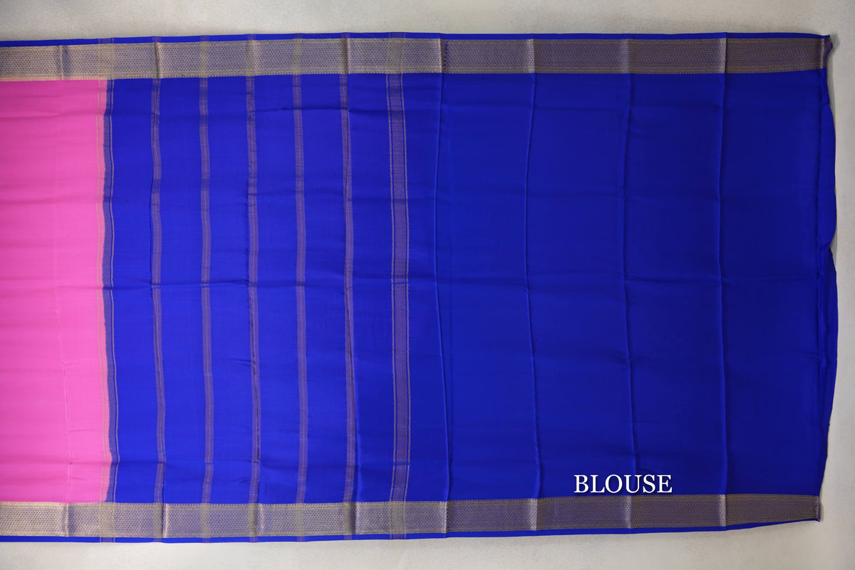 Bright Rose Pink with Blue Borders Mysore Silk Saree blouse
