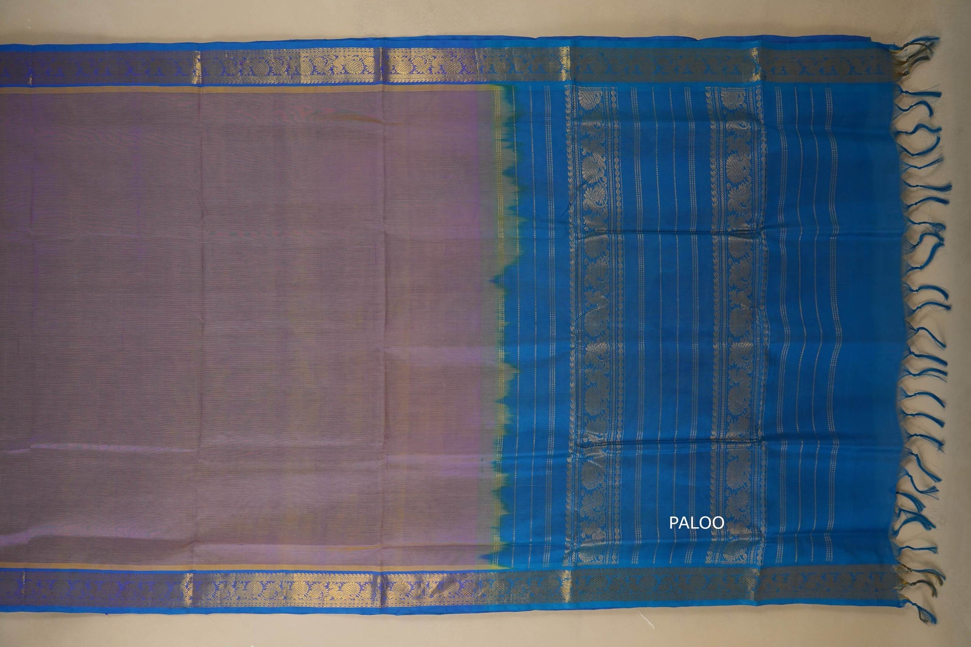 Lavender with sky blue Nine and a half Yards Silk Cotton Saree paloo