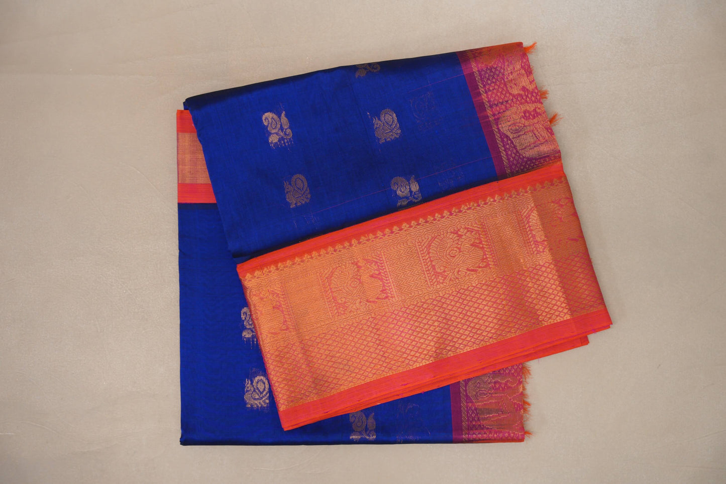 Deep Blue with Orangish Pink Borders Vintage Silk Cotton Saree SS9133