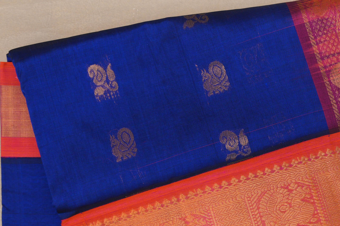 Deep Blue with Orangish Pink Borders Vintage Silk Cotton Saree SS9133