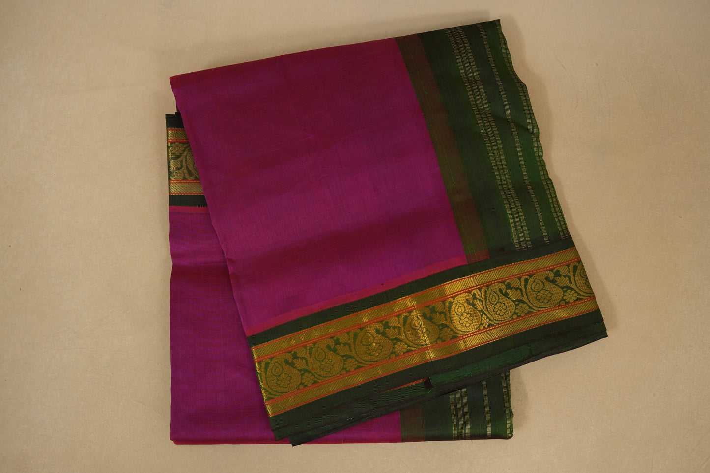 Magenta with green Nine and a half Yards Silk Cotton Saree 