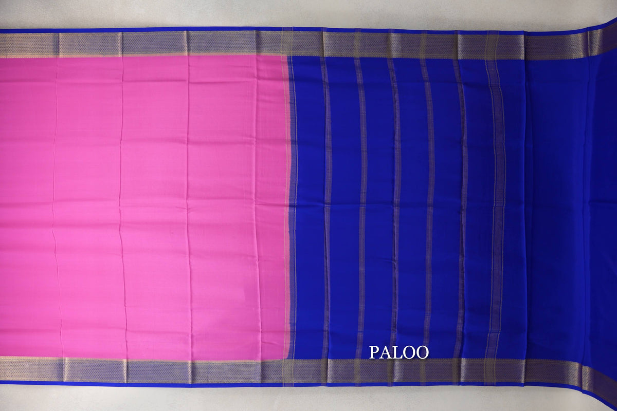 Bright Rose Pink with Blue Borders Mysore Silk Saree paloo