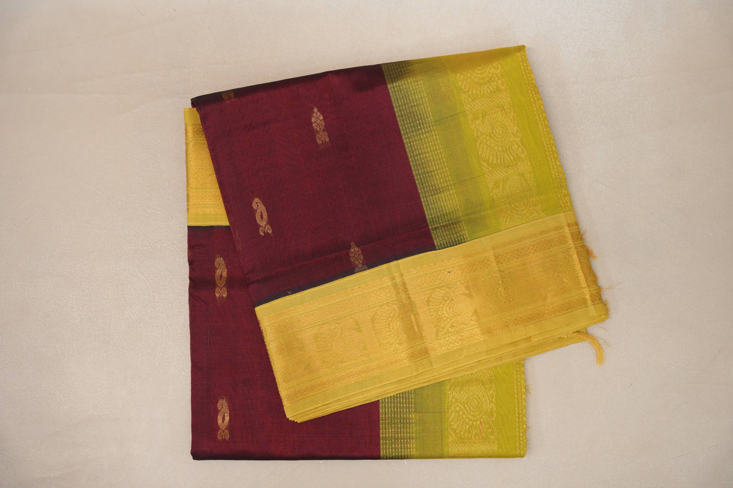 Deep Maroon with Yellowish Green Borders Vintage Silk Cotton Saree SS9134