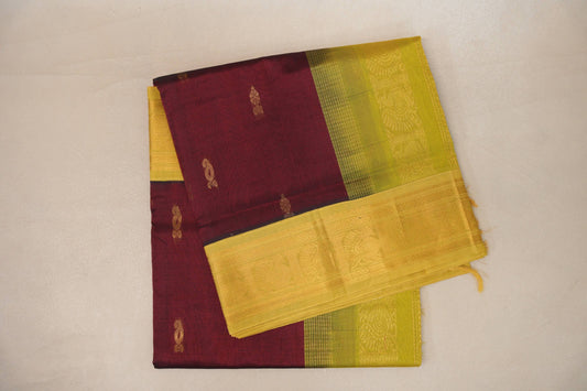 Deep Maroon with Yellowish Green Borders Vintage Silk Cotton Saree SS9134