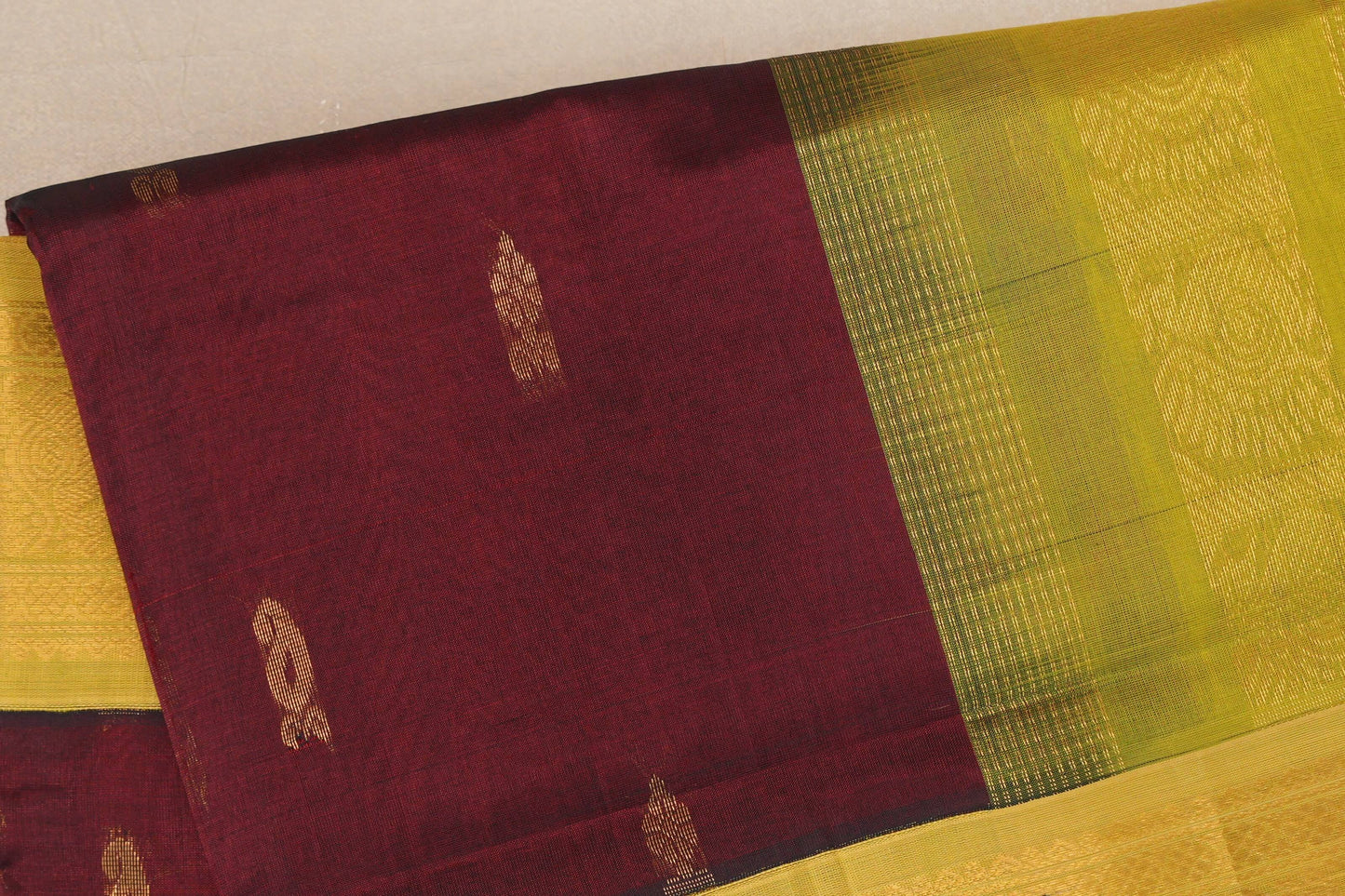Deep Maroon with Yellowish Green Borders Vintage Silk Cotton Saree SS9134