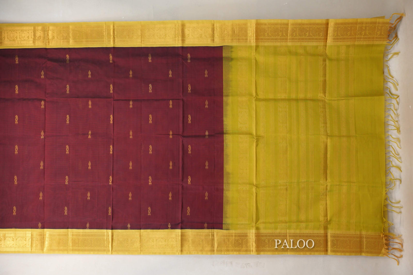 Deep Maroon with Yellowish Green Borders Vintage Silk Cotton Saree SS9134