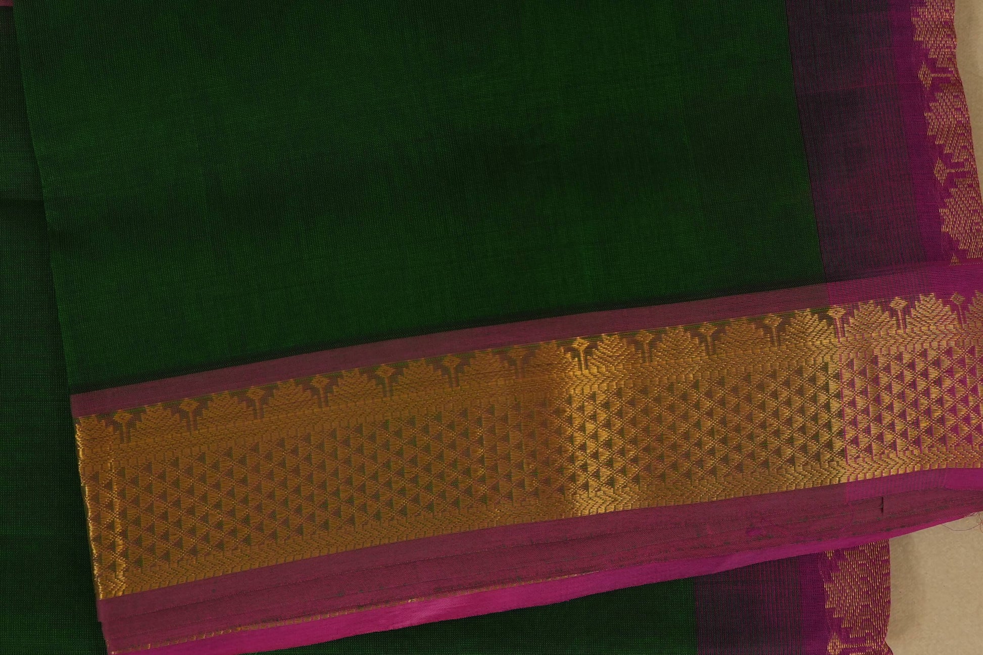 Bottle Green with magenta Nine and a half Yards Silk Cotton Saree borders