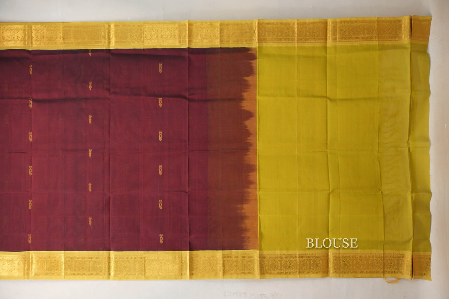 Deep Maroon with Yellowish Green Borders Vintage Silk Cotton Saree SS9134