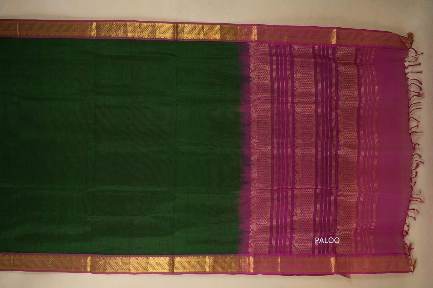 Bottle Green with magenta Nine and a half Yards Silk Cotton Saree paloo