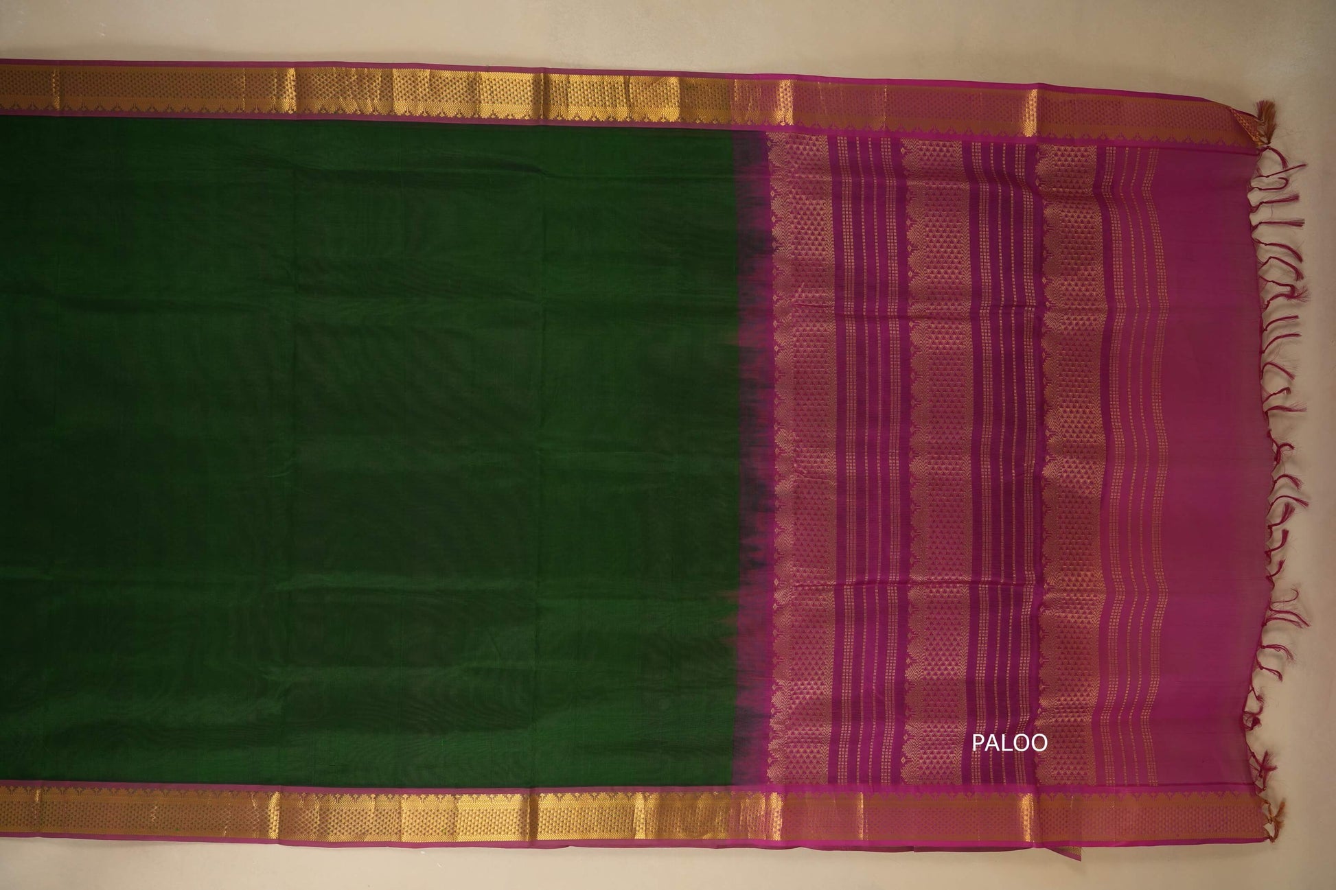 Bottle Green with magenta Nine and a half Yards Silk Cotton Saree paloo