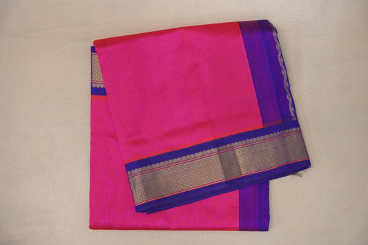 Orangish Pink with Royal Blue Borders Vintage Silk Cotton Saree SS9137