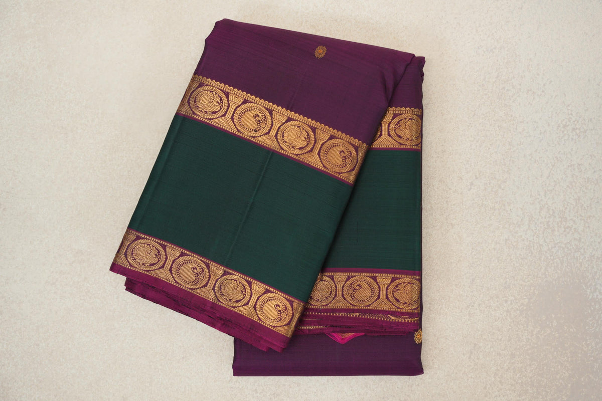 Deep Magenta with Bottle Green Rettai Pettu Borders Vintage Kanjivaram Silk Saree