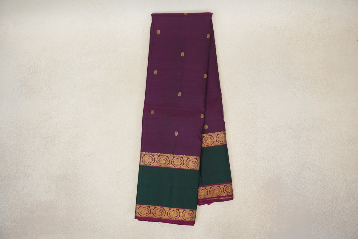 Online Deep Magenta with Bottle Green Rettai Pettu Borders Vintage Kanjivaram Silk Saree