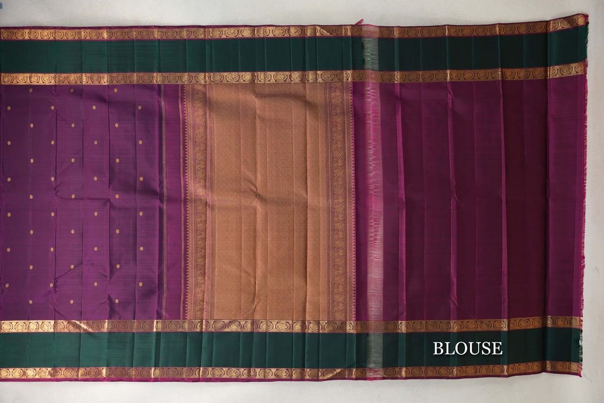 Deep Magenta with Bottle Green Rettai Pettu Borders Vintage Kanjivaram Silk Saree blouse