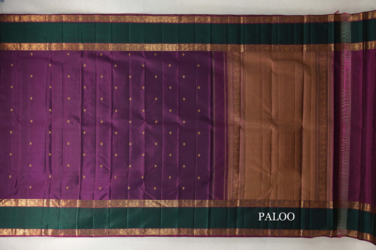 Deep Magenta with Bottle Green Rettai Pettu Borders Vintage Kanjivaram Silk Saree paloo