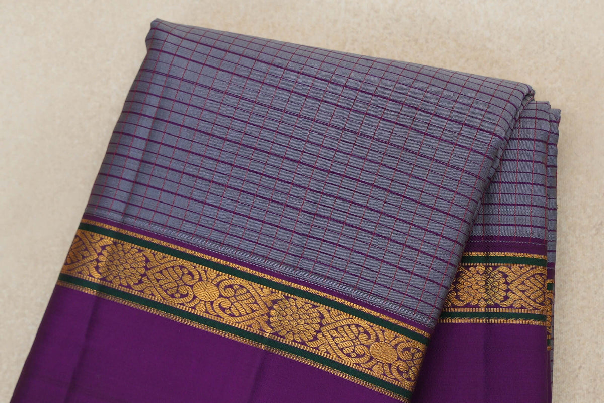 Grey with Violet Purple with Mustard Selvedge Rettai Pettu Borders Vintage Kanjivaram Silk Saree body