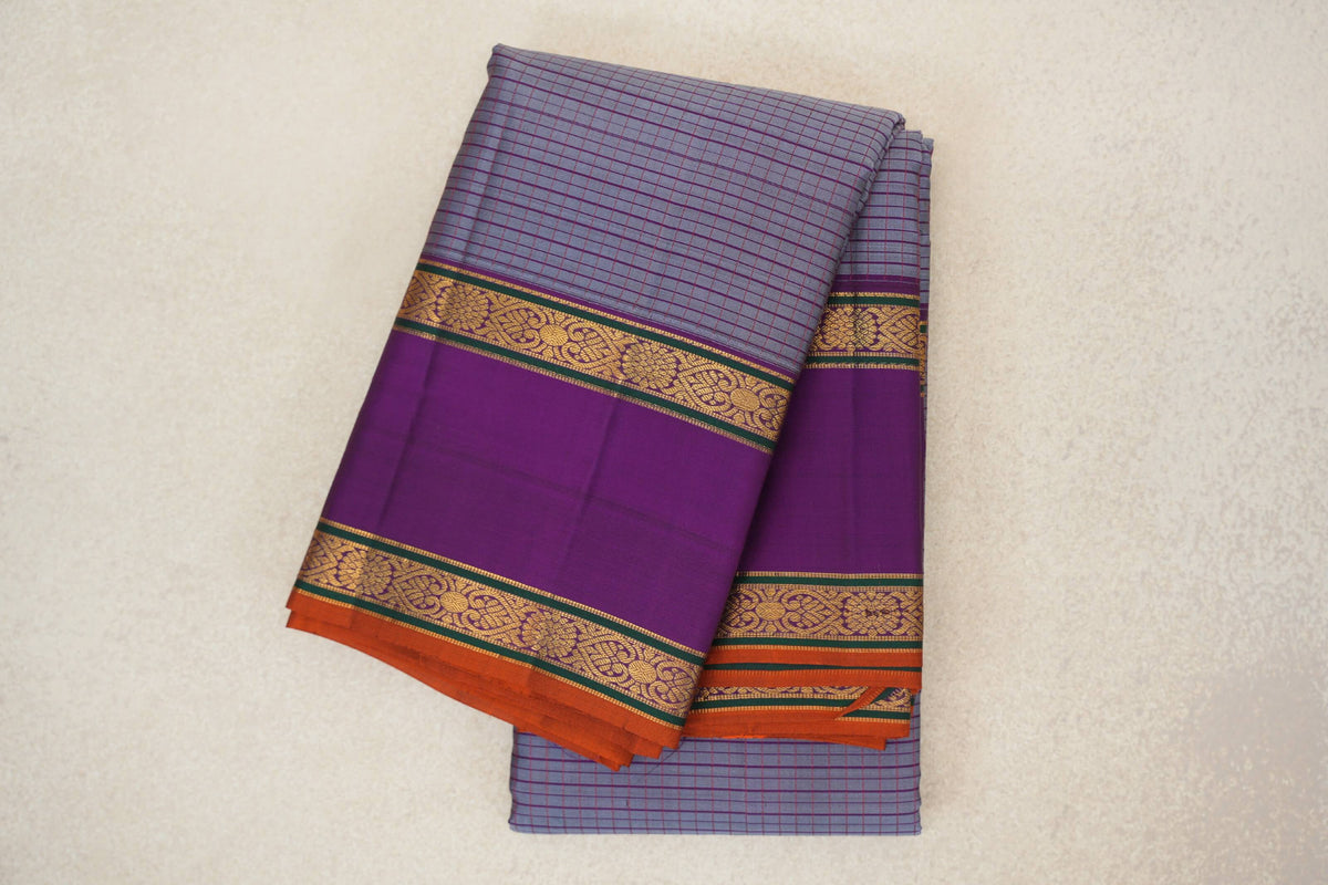 Grey with Violet Purple with Mustard Selvedge Rettai Pettu Borders Vintage Kanjivaram Silk Saree