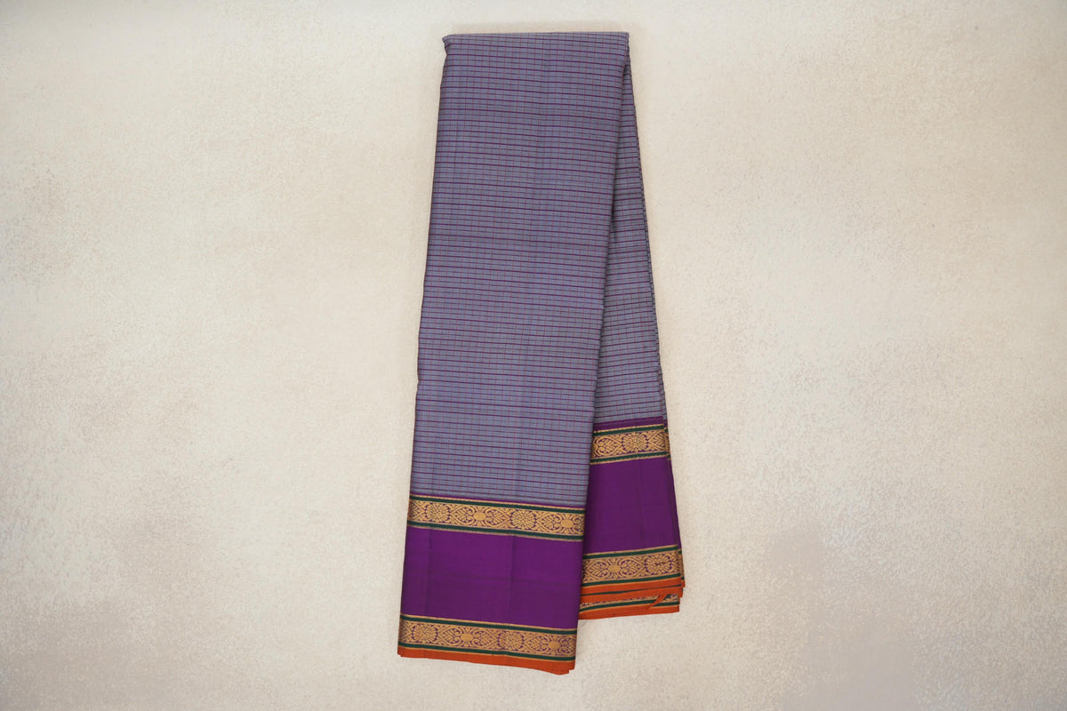 Online Grey with Violet Purple with Mustard Selvedge Rettai Pettu Borders Vintage Kanjivaram Silk Saree